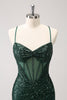 Load image into Gallery viewer, Dark Green Bodycon Spaghetti Straps Corset Short Graduation Dress with Sequins