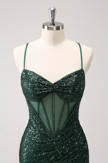 Dark Green Bodycon Spaghetti Straps Corset Short Graduation Dress with Sequins