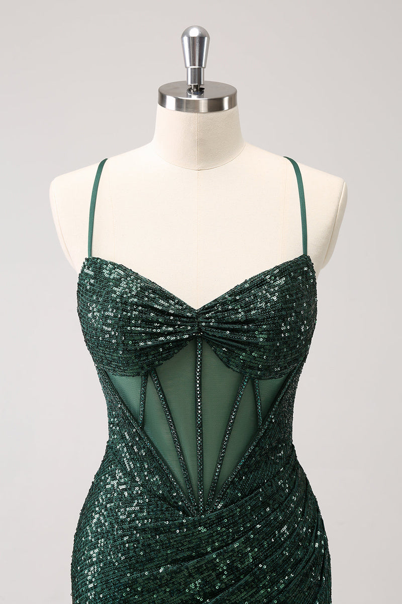 Load image into Gallery viewer, Dark Green Bodycon Spaghetti Straps Corset Short Graduation Dress with Sequins