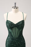 Dark Green Bodycon Spaghetti Straps Corset Short Graduation Dress with Sequins