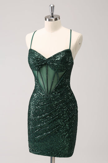 Dark Green Bodycon Spaghetti Straps Corset Short Graduation Dress with Sequins