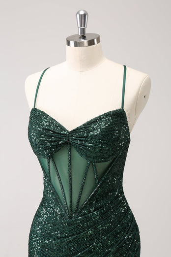 Dark Green Bodycon Spaghetti Straps Corset Short Graduation Dress with Sequins