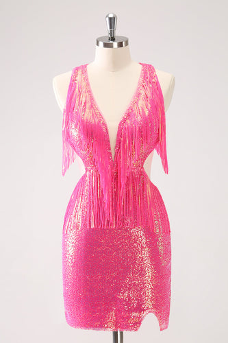 Sparkly Fuchsia V-Neck Backless Tight Graduation Dress with Tassel