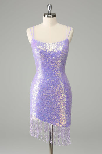 Sparkly Lilac Bodycon Sequins Short Graduation Dress with Tassels