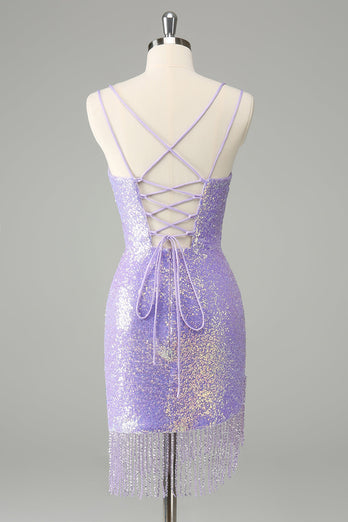 Sparkly Lilac Bodycon Sequins Short Graduation Dress with Tassels