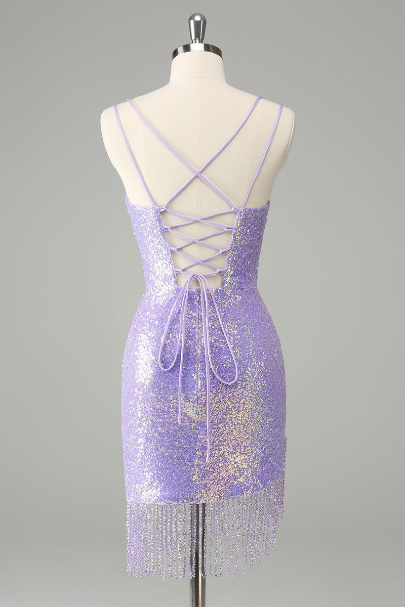 Load image into Gallery viewer, Sparkly Lilac Bodycon Sequins Short Graduation Dress with Tassels