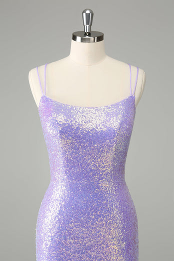 Sparkly Lilac Bodycon Sequins Short Graduation Dress with Tassels