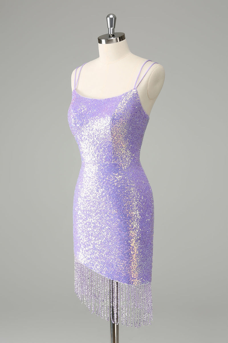 Load image into Gallery viewer, Sparkly Lilac Bodycon Sequins Short Graduation Dress with Tassels