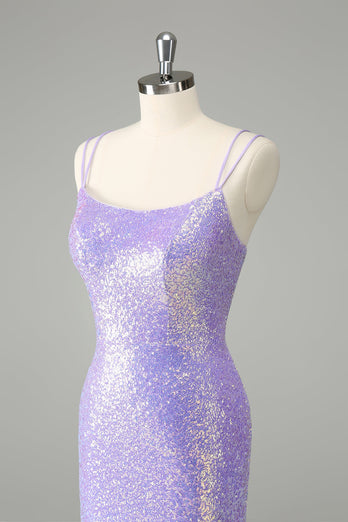 Sparkly Lilac Bodycon Sequins Short Graduation Dress with Tassels