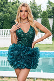 Glitter Dark Green Tight V Neck Sequins Graduation Dress with Detachable Ruffles
