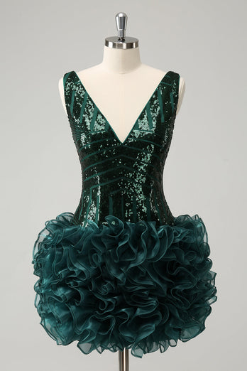 Glitter Dark Green Tight V Neck Sequins Graduation Dress with Detachable Ruffles