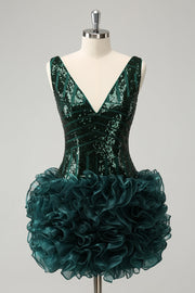 Glitter Dark Green V Neck Sequins Graduation Dress with Detachable Ruffles