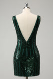 Glitter Dark Green V Neck Sequins Graduation Dress with Detachable Ruffles