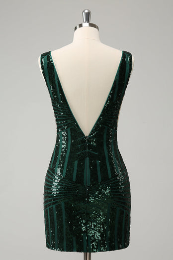 Glitter Dark Green Tight V Neck Sequins Graduation Dress with Detachable Ruffles