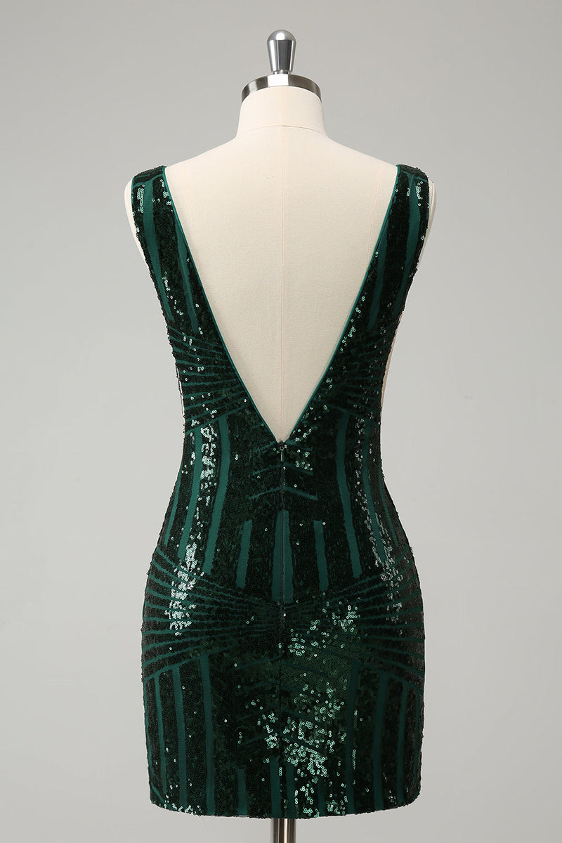 Load image into Gallery viewer, Glitter Dark Green Tight V Neck Sequins Graduation Dress with Detachable Ruffles