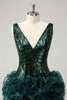 Load image into Gallery viewer, Glitter Dark Green V Neck Sequins Graduation Dress with Detachable Ruffles