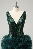 Glitter Dark Green V Neck Sequins Graduation Dress with Detachable Ruffles
