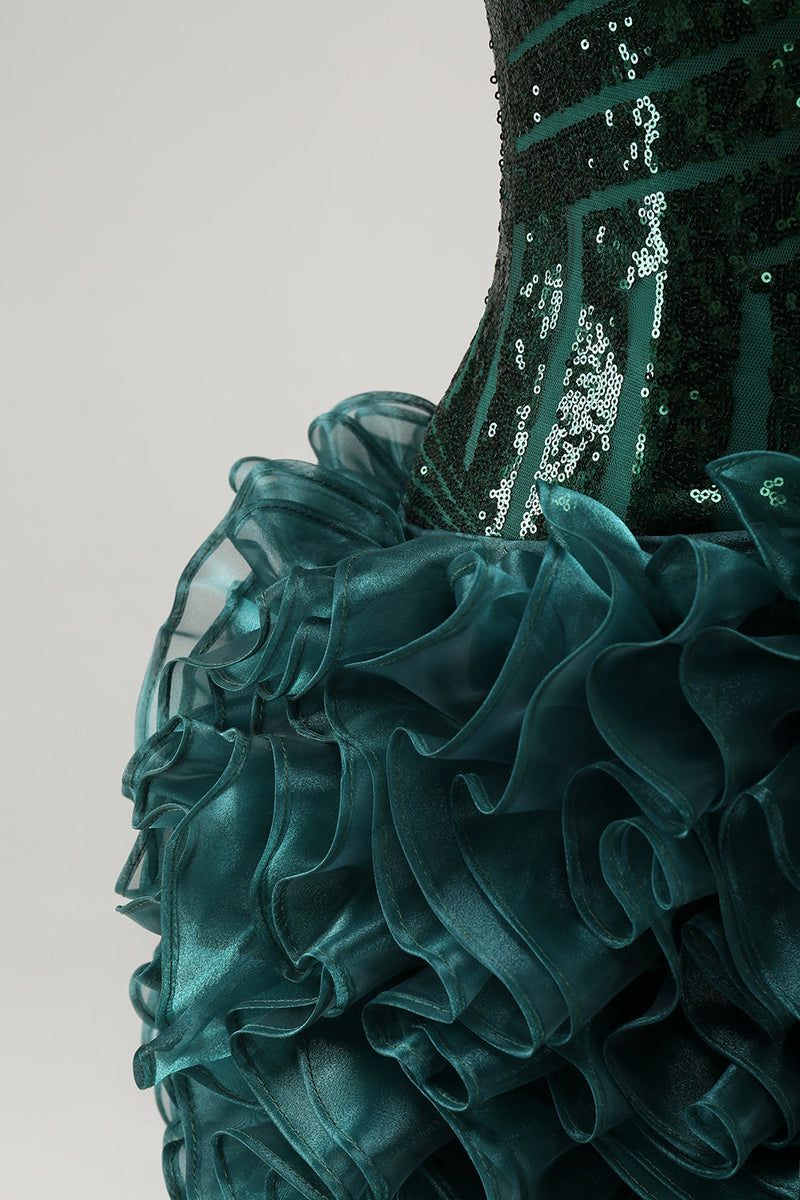 Load image into Gallery viewer, Glitter Dark Green V Neck Sequins Graduation Dress with Detachable Ruffles