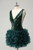 Load image into Gallery viewer, Glitter Dark Green V Neck Sequins Graduation Dress with Detachable Ruffles