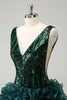 Load image into Gallery viewer, Glitter Dark Green V Neck Sequins Graduation Dress with Detachable Ruffles