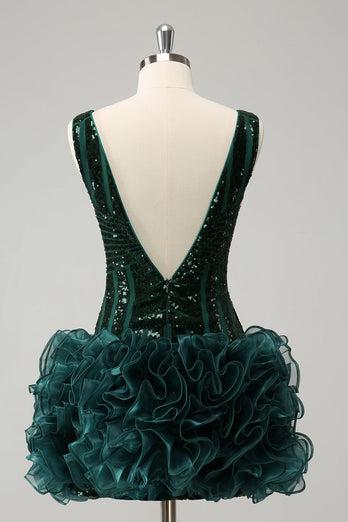 Glitter Dark Green V Neck Sequins Graduation Dress with Detachable Ruffles