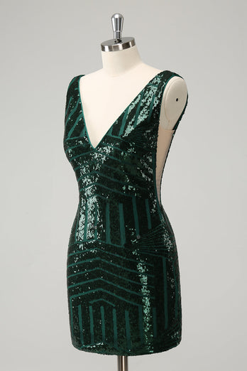 Glitter Dark Green V Neck Sequins Graduation Dress with Detachable Ruffles