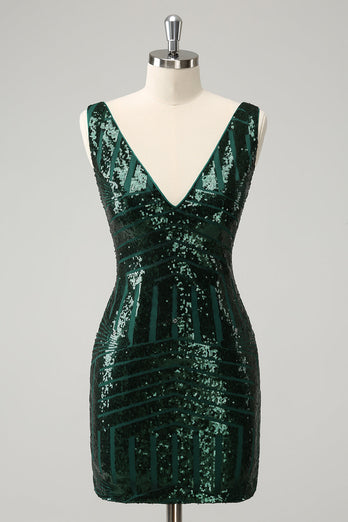 Glitter Dark Green Tight V Neck Sequins Graduation Dress with Detachable Ruffles