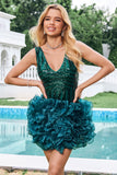 Glitter Dark Green Tight V Neck Sequins Graduation Dress with Detachable Ruffles
