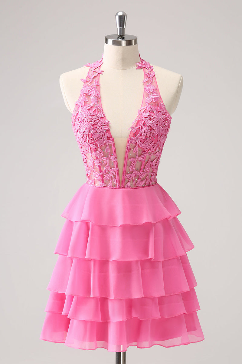 Load image into Gallery viewer, Hot Pink A Line Halter Tiered Corset Short Graduation Dress with Ruffles