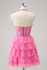 Load image into Gallery viewer, Hot Pink A Line Halter Tiered Corset Short Graduation Dress with Ruffles