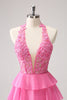 Load image into Gallery viewer, Hot Pink A Line Halter Tiered Corset Short Graduation Dress with Ruffles