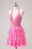 Load image into Gallery viewer, Hot Pink A Line Halter Tiered Corset Short Graduation Dress with Ruffles