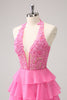 Load image into Gallery viewer, Hot Pink A Line Halter Tiered Corset Short Graduation Dress with Ruffles