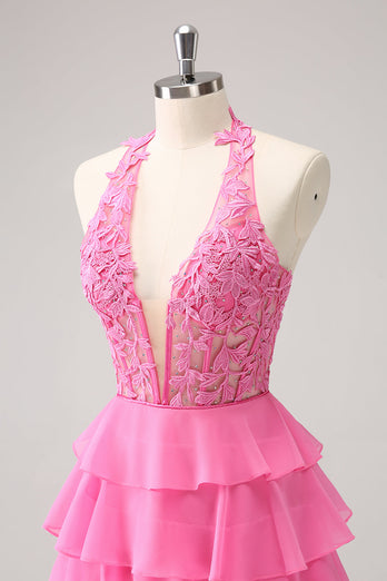 Hot Pink A Line Halter Tiered Corset Short Graduation Dress with Ruffles