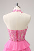 Load image into Gallery viewer, Hot Pink A Line Halter Tiered Corset Short Graduation Dress with Ruffles