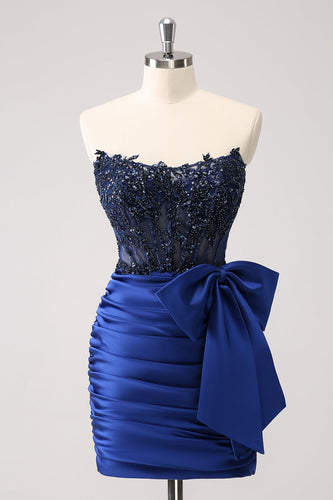 Sparkly Navy Strapless Beaded Appliques Tight Graduation Dress