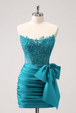 Sparkly Peacock Green Tight Strapless Beaded Applique Graduation Dress with Bow