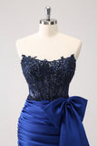 Sparkly Navy Strapless Beaded Appliques Tight Graduation Dress