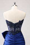 Sparkly Navy Strapless Beaded Appliques Tight Graduation Dress