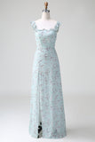 Grey Green Sheath Floral Print Long Chiffon Bridesmaid Dress With Slit