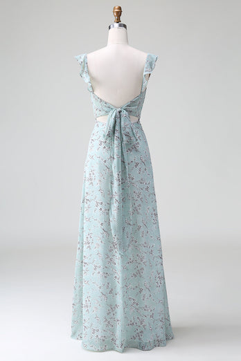Grey Green Sheath Floral Print Long Bridesmaid Dress With Slit