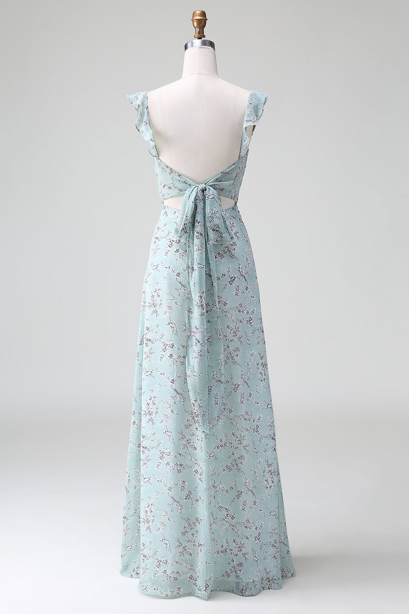 Load image into Gallery viewer, Grey Green Sheath Floral Print Long Chiffon Bridesmaid Dress With Slit