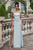 Load image into Gallery viewer, Grey Green Sheath Floral Print Long Chiffon Bridesmaid Dress With Slit