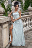 Load image into Gallery viewer, Grey Green Sheath Floral Print Long Chiffon Bridesmaid Dress With Slit