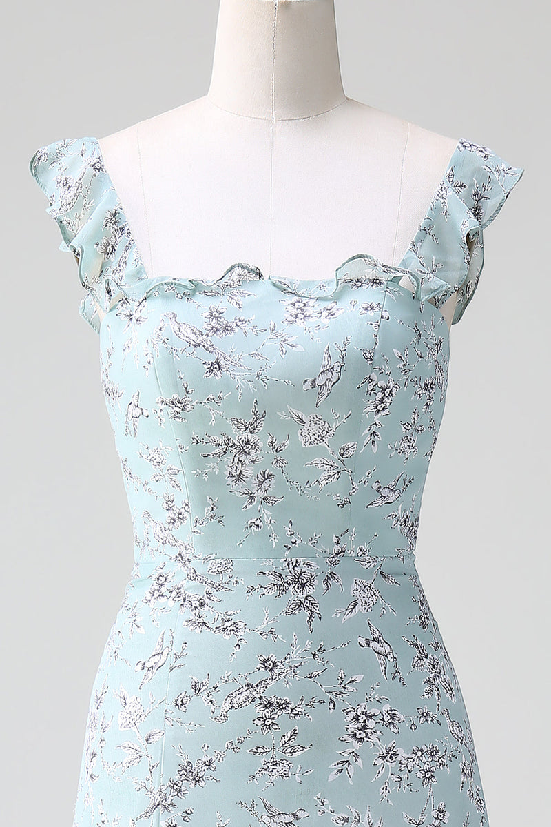Load image into Gallery viewer, Grey Green Sheath Floral Print Long Bridesmaid Dress With Slit