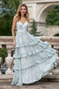 Load image into Gallery viewer, Grey Green A Line Spaghetti Straps Long Bridesmaid Dress With Ruffles