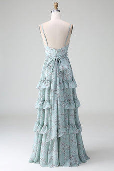 Grey Green Spaghetti Straps Floral Tiered Ruffles Long Bridesmaid Dress With Bow