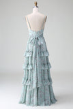 Grey Green Spaghetti Straps Floral Tiered Ruffles Long Bridesmaid Dress With Bow