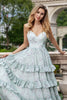 Load image into Gallery viewer, Grey Green A Line Spaghetti Straps Long Bridesmaid Dress With Ruffles