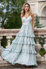 Load image into Gallery viewer, Grey Green A Line Spaghetti Straps Long Bridesmaid Dress With Ruffles